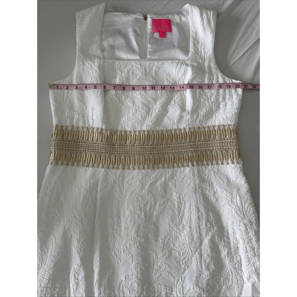 Lilly Pulitzer Rubina Stretch Dress Sz 16 White Floral Jacquard Gold Trim EUC - Picture 7 of 13